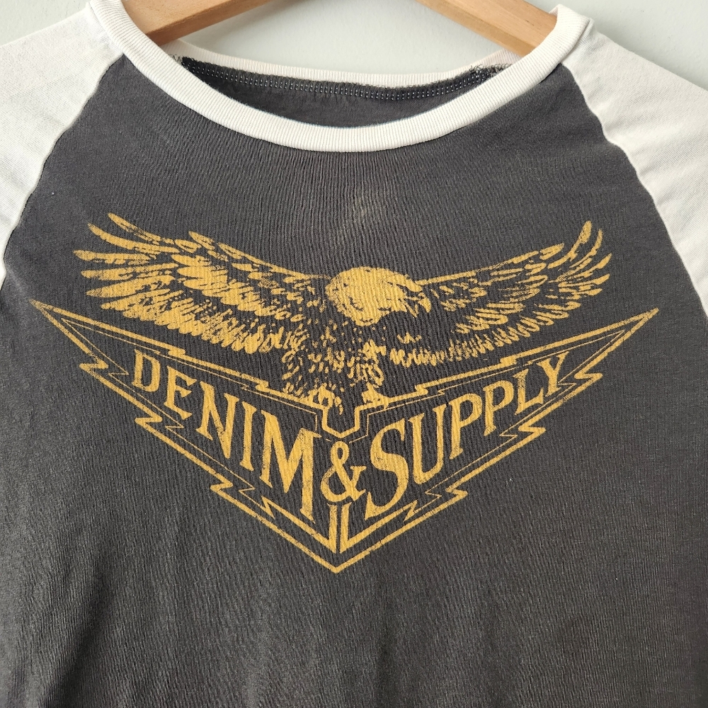 Ralph Lauren Denim & Supply Gray Sz S Eagle Graphic Raglan Tee Y2K Biker Grunge - Picture 4 of 9